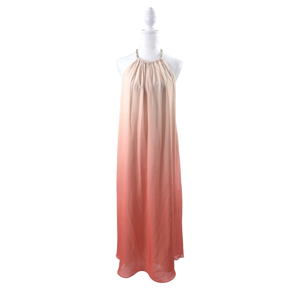 Jennifer Lopez Maxi Dress Womens L Pink Ombre Chain Halter Open Back Evening